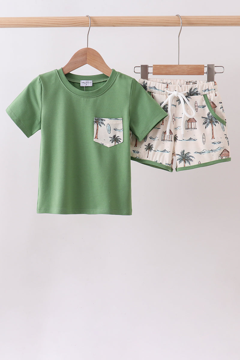 Green beach print shorts set
