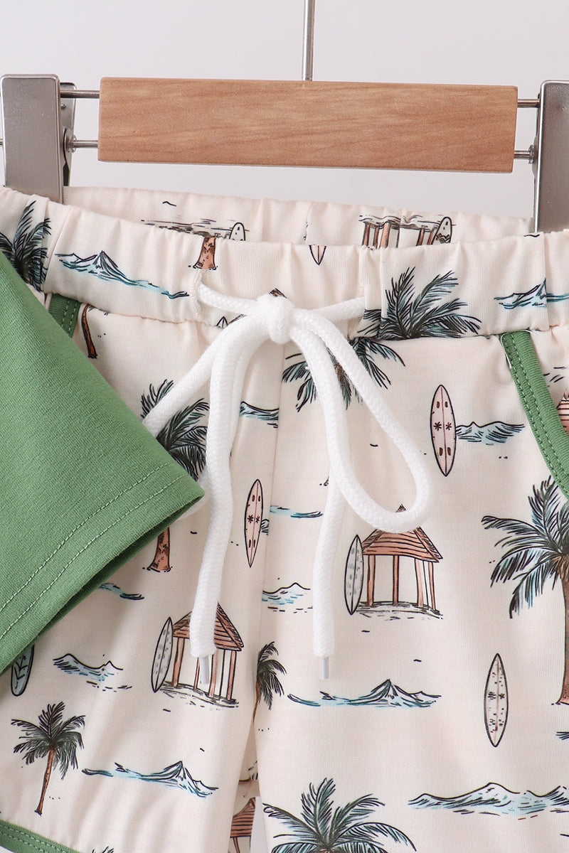Green beach print shorts set