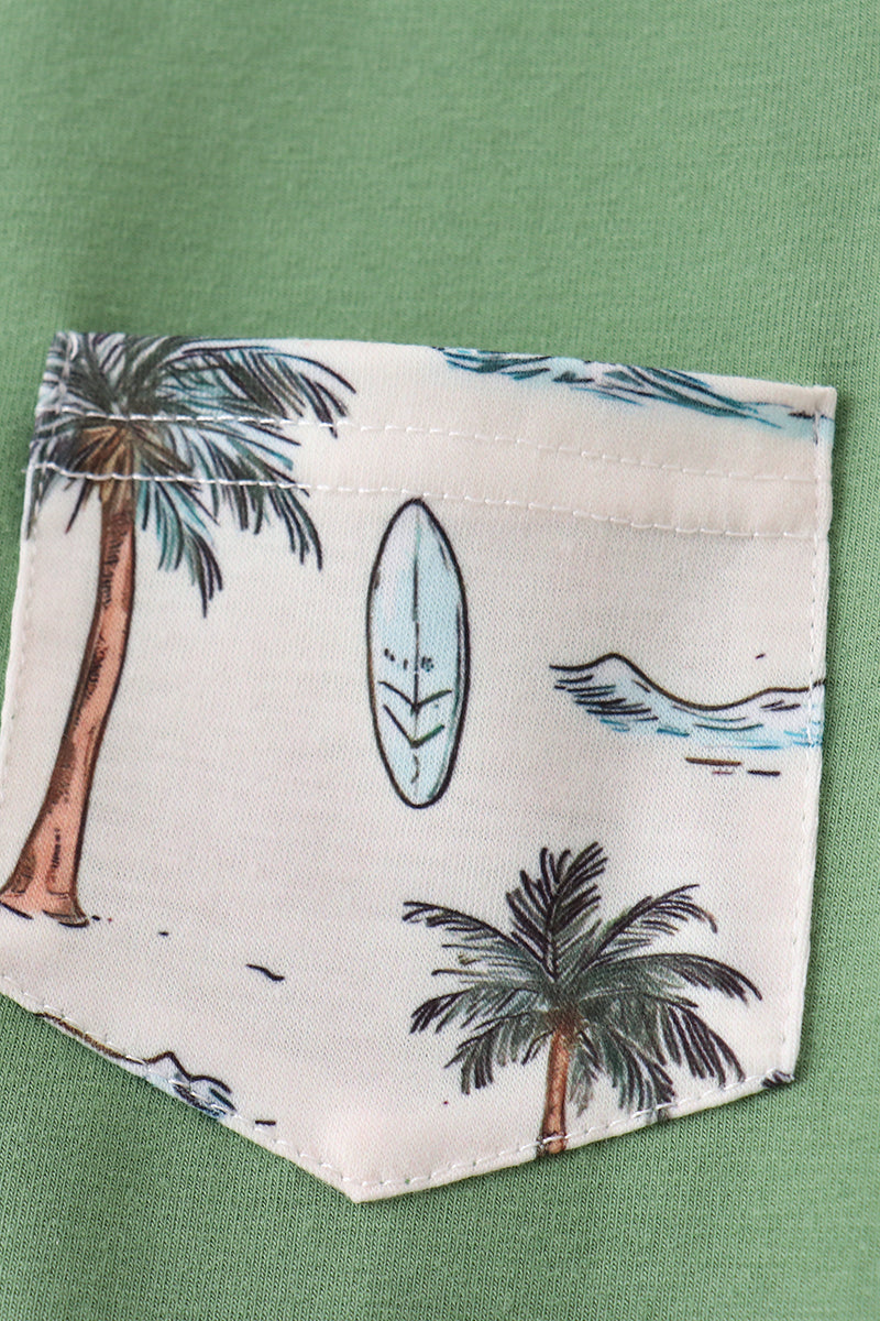 Green beach print shorts set