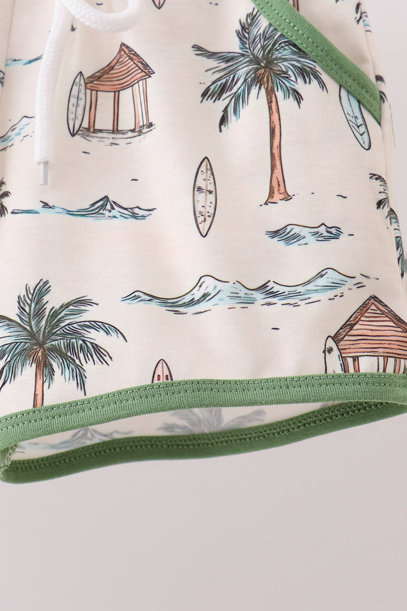 Green beach print shorts set