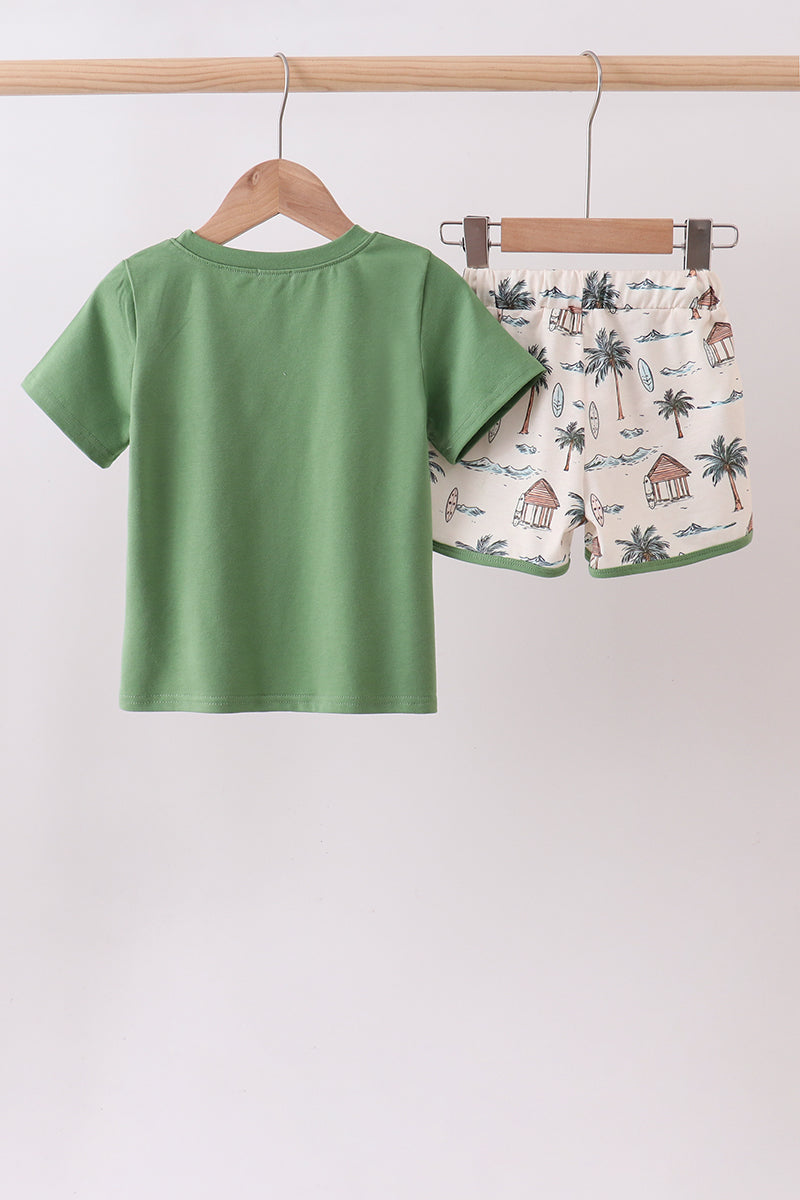 Green beach print shorts set
