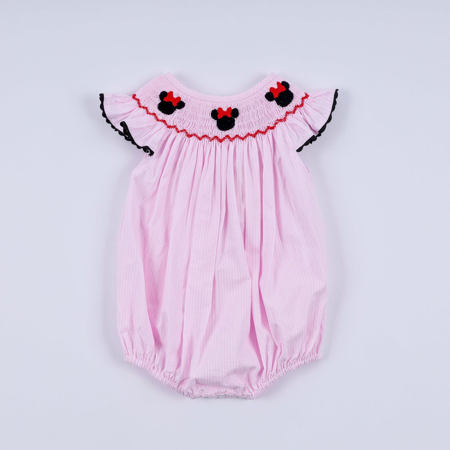 Red character hand smocked plaid ruffle bubble