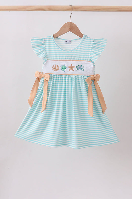 Mint marine creature smocked stripe ruffle dress